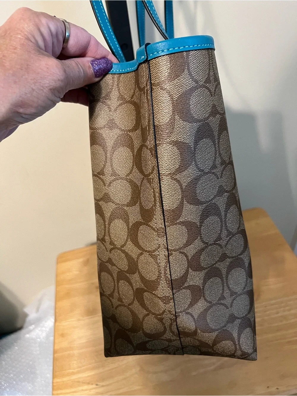 Coach Brown Signature Tote with Turquoise Trim